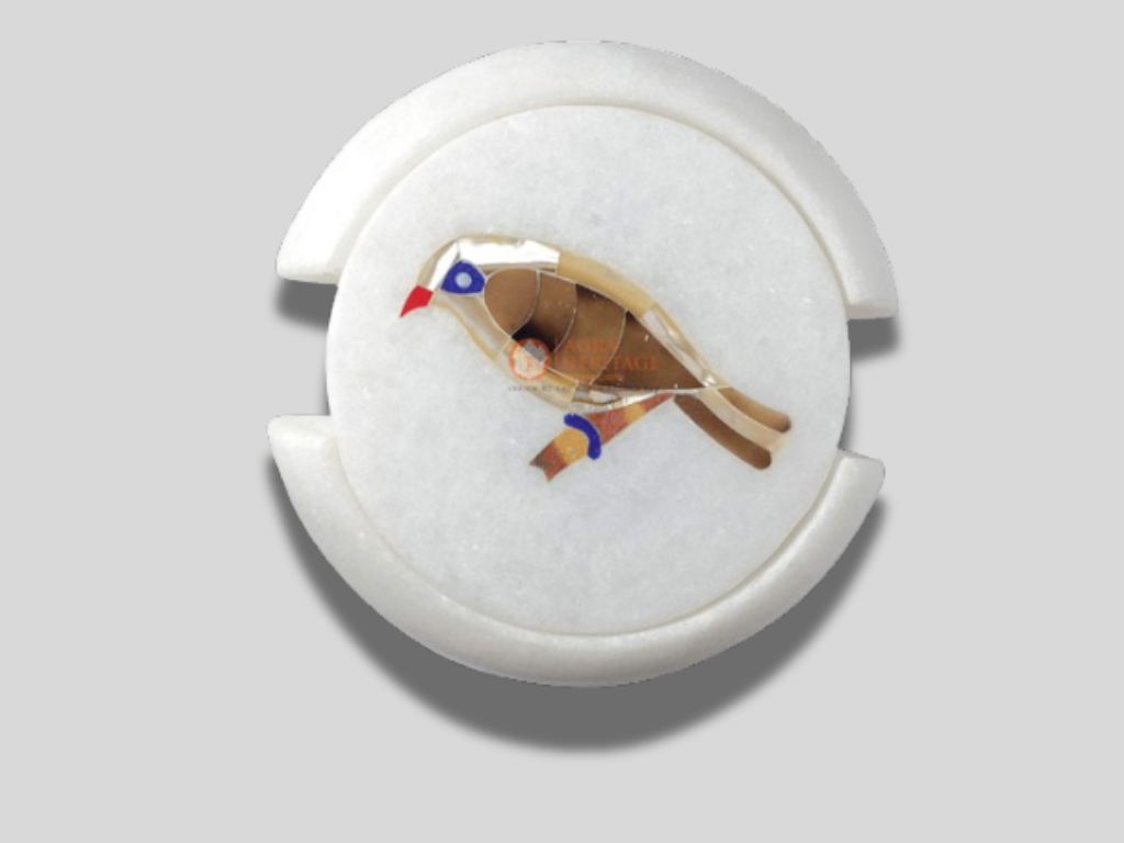 Round Marble Coaster Set Inlaid Birds Floral Home Decor Gifts